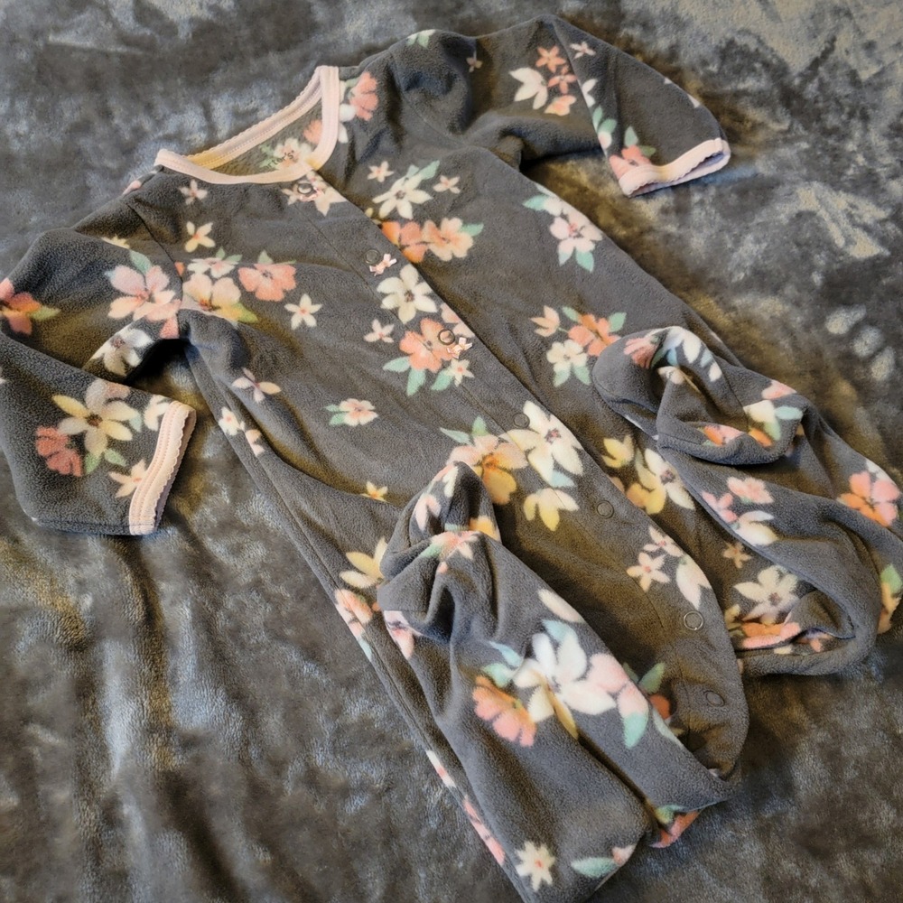 Carter's Fleece Sleeper Girl 9 Months Gray Pink Floral Excellent Snap Footed 825
